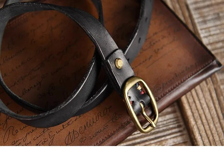 Retro Narrow Genuine Leather Women's Belt Pure Copper Button Western Cowboy Style Versatile Jeans Belt Fashion Luxury Women Belt