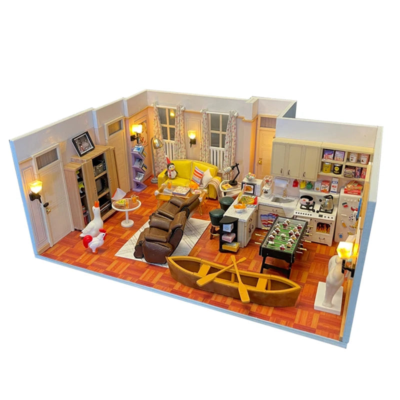 DIY Wooden Joey‘s Apartment Casa Miniature Building Kits Bookend With Lights Assembled Bookshelf Home Decoration Friends Gifts