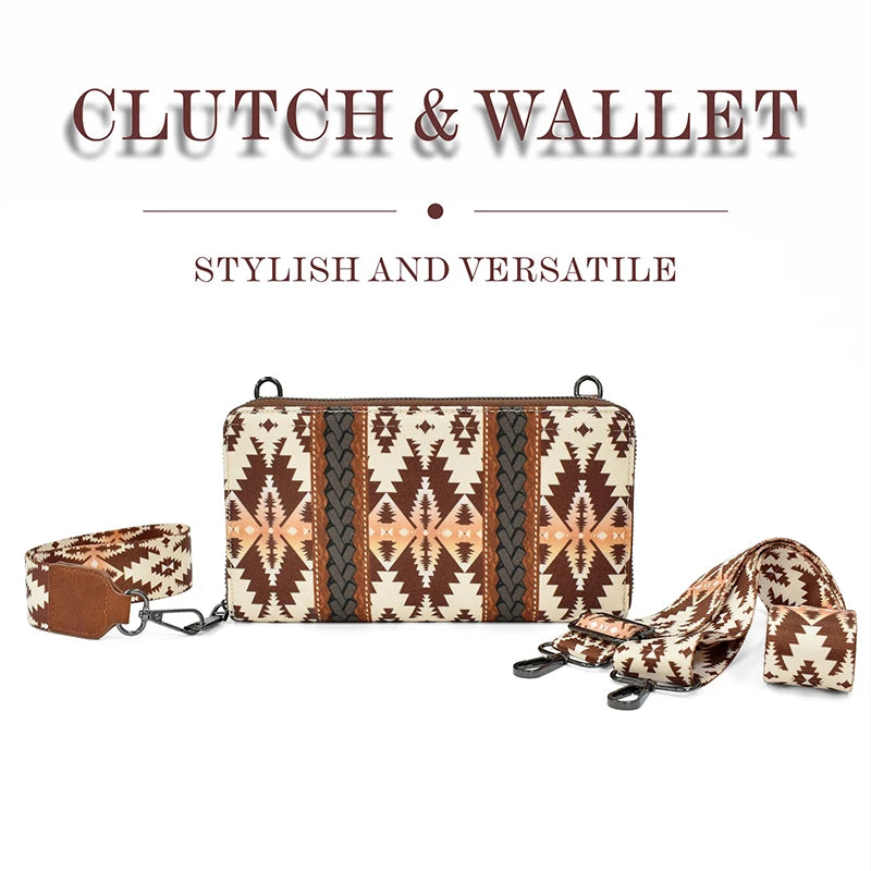 Fashion Bohemian Cowgirl Wallet Purse for Women Western Aztec Ethnic Clutch Wristlet Wallet with Credit Card Holder Shoulder Bag