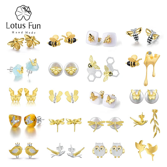 Lotus Fun Real 925 Sterling Silver Fine Jewelry 18K Gold Cute Butterfly Dragonfly Bee Stud Earrings for Women Dropship Wholesale