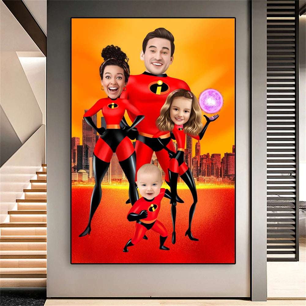 Funny Custom Poster The Incredibles Family Portrait Personalized Superheroes Family Cartoon Canvas Painting Best Gifts Wall Art Valentines Gift