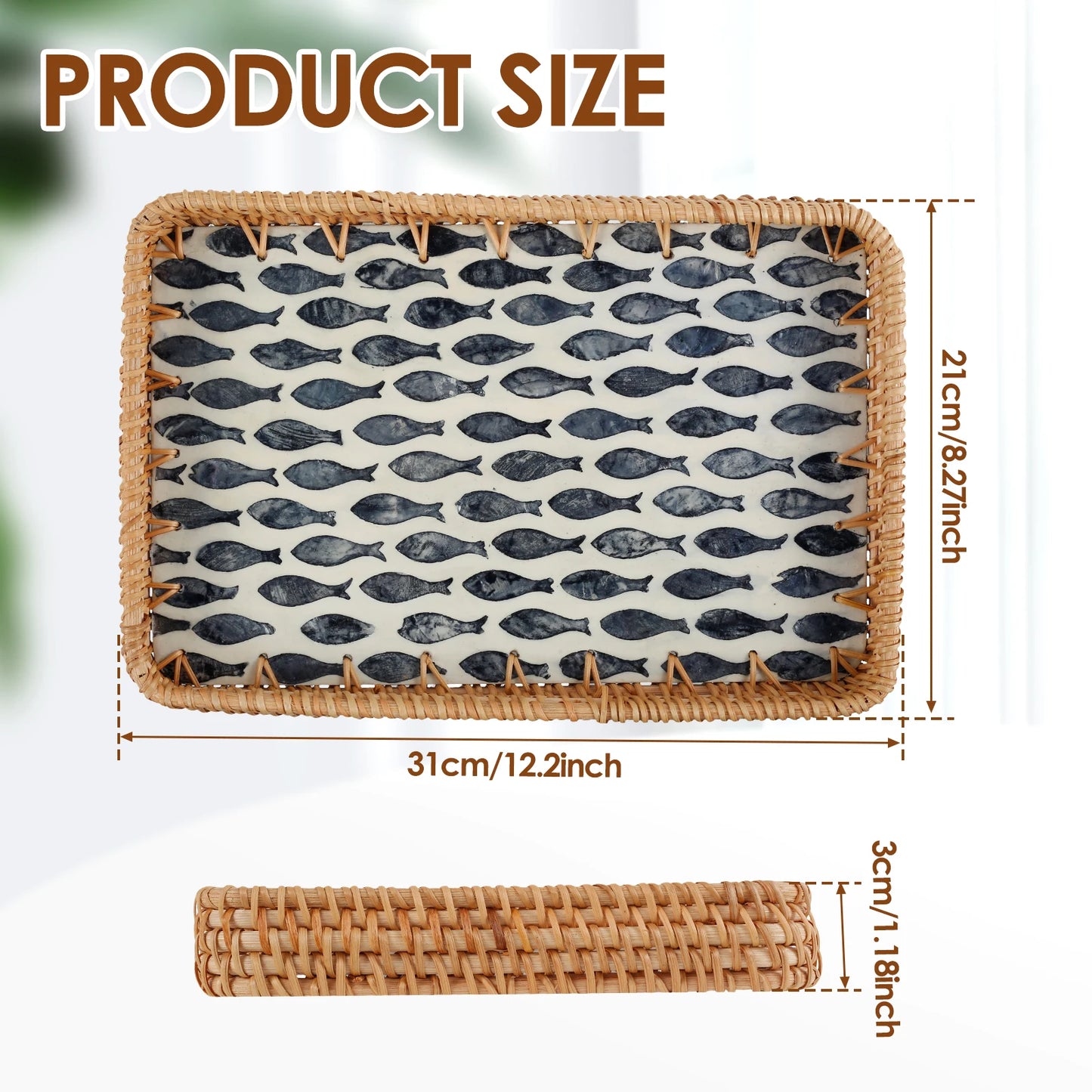 Boho Rattan Food Tray Handwoven Rectangle/Round Decorative Rattan Basket Multifunction Fruit Snack Basket Home Kitchen Supplies