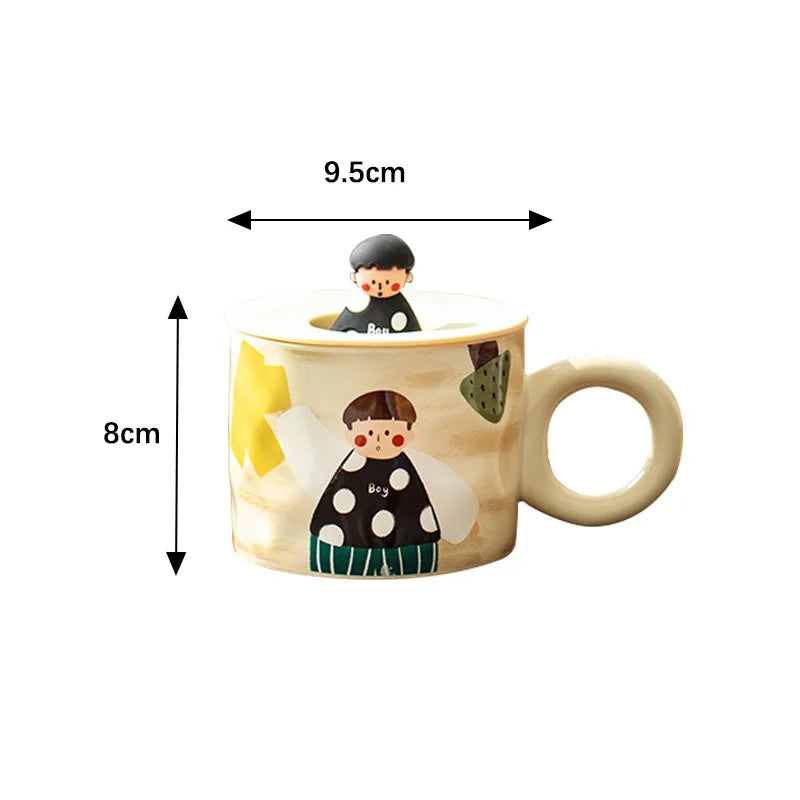 Cute Boys And Girls Couple Water Cup Ceramic Mug With 3d Lid&Handle Breakfast Cup Milk Coffee Cup For Restaurants/Cafes