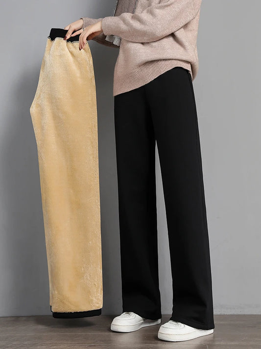 Women Warm Winter Plush Thick Pants Lambskin Cashmere Trousers High Waist Cotton Fleece Loose Female Wide Leg Pants PELEDRESS