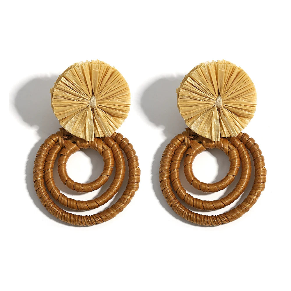 AENSOA Bohemia Handmade Raffia Rattan Braid Wooden Big Large Drop Earrings for Women Boho Jewelry Exaggerated Ethnic Earring