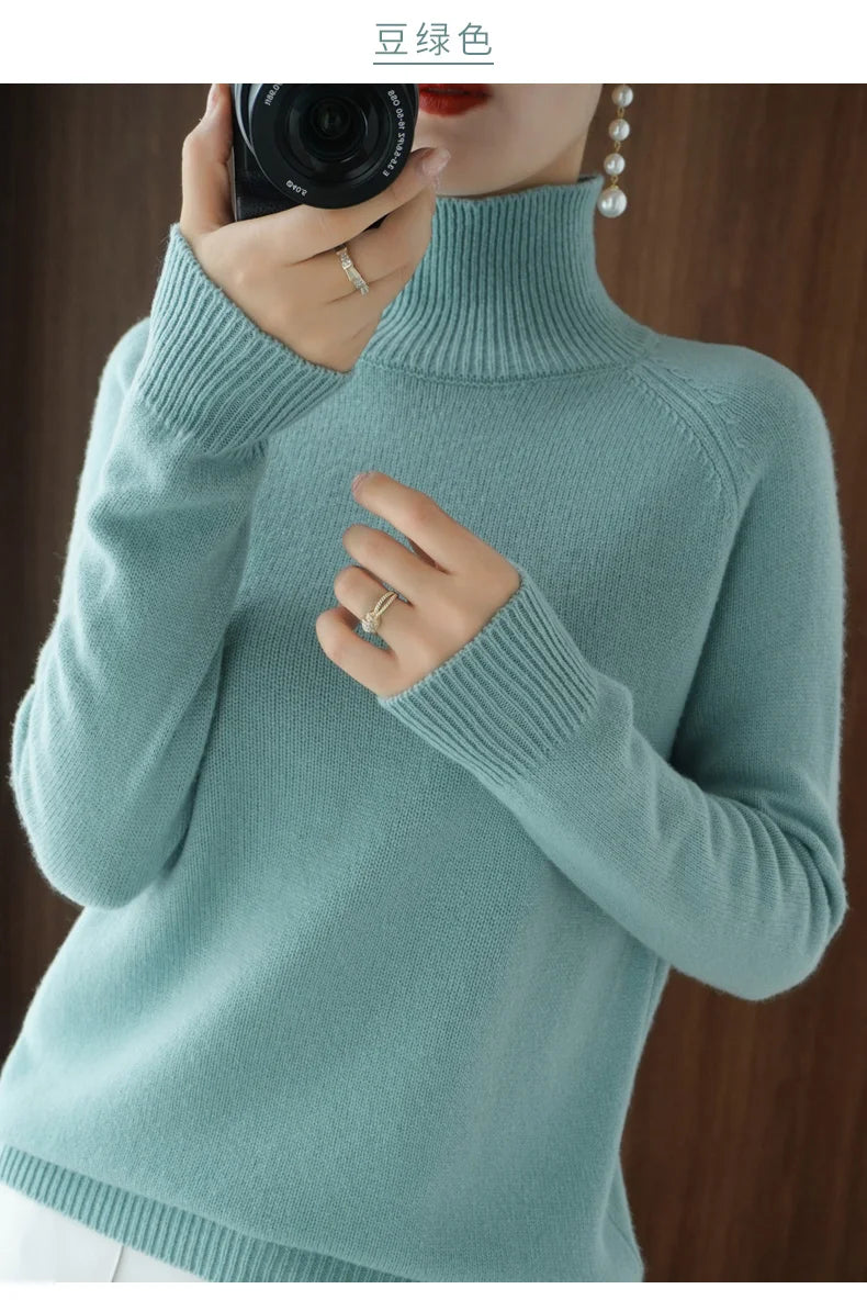 Fashion Basic Autumn Winter  Merino Wool Sweater Mock Neck Cashmere Pullover  Solid Color Soft Long Sleeve Clothing Tops