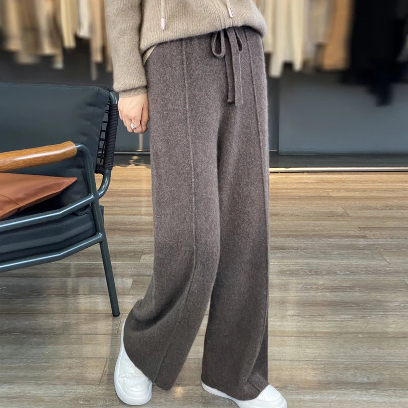 Women's Cashmere Pants 100% Merino Wool Broadfoot Pants Women's Knit Loose Knit Pants Fall/Winter 2024 Women's Thick Pants