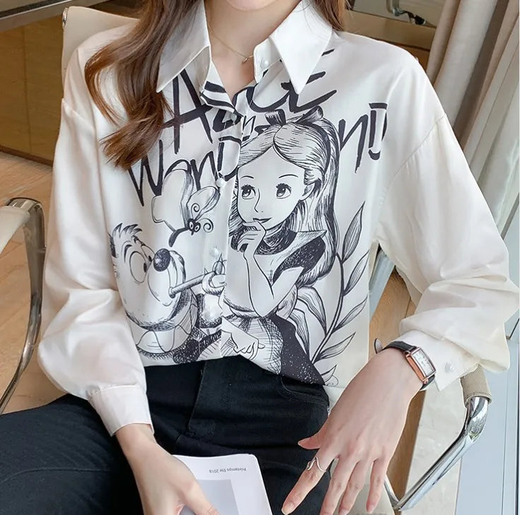 Casual Long Sleeve Cartoon Print Shirt Elegant Chiffon Blouse Women Vintage Harajuku Loose Tops Korean Chic Women Clothing Tunic