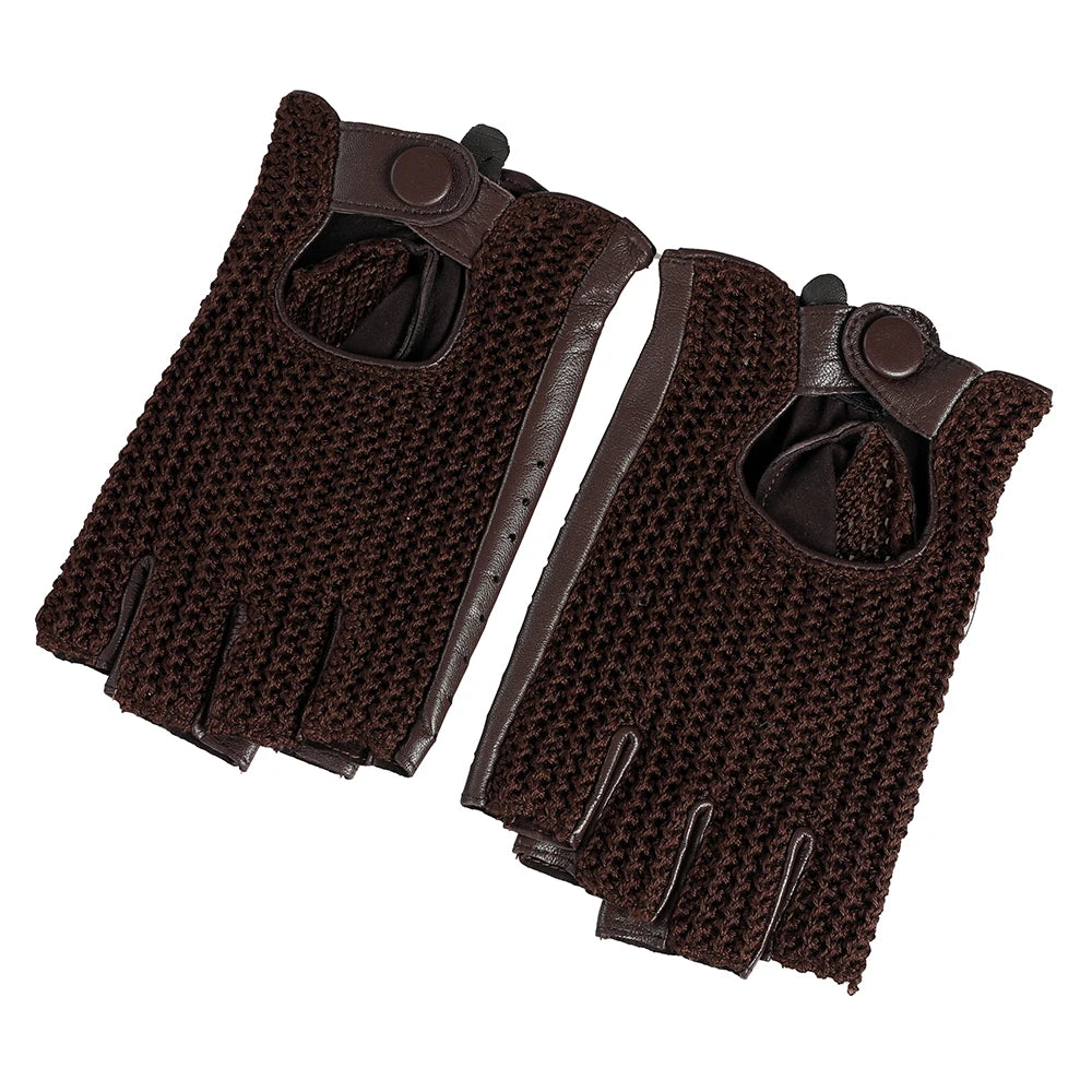 Men's Genuine Leather Driving Gloves motorcycle Fingerless Glove Sheepskin With Cotton Crochet