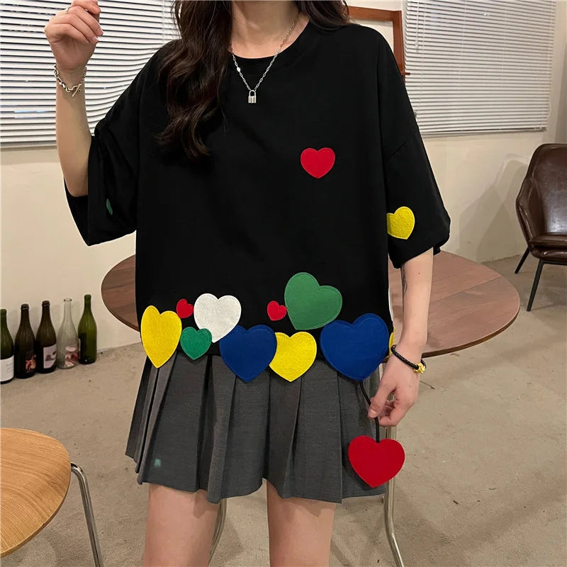 Summer Women Casual Loose Short T-shirt O-Neck Short-sleeved Colorful Love Heart Appliques Tshirt Teenagers Kawaii Tee Tops