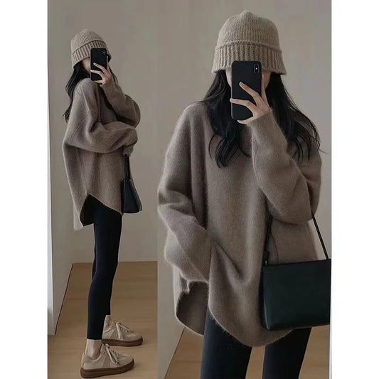 Korean women's mid to long pure wool pullover knitted sweater autumn winter 2024, fashionable and loose large size cashmere tops