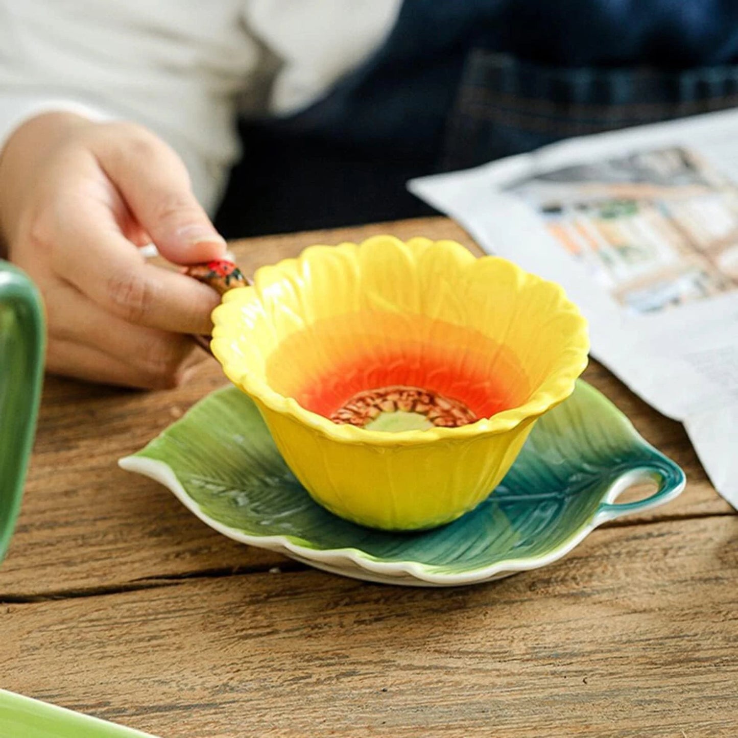 Hand Crafted Sunflower Porcelain Tea Cup Set - Enamel Flower Coffee Cup - 6 Oz Tea Set - Perfect Gift for Tea Lovers