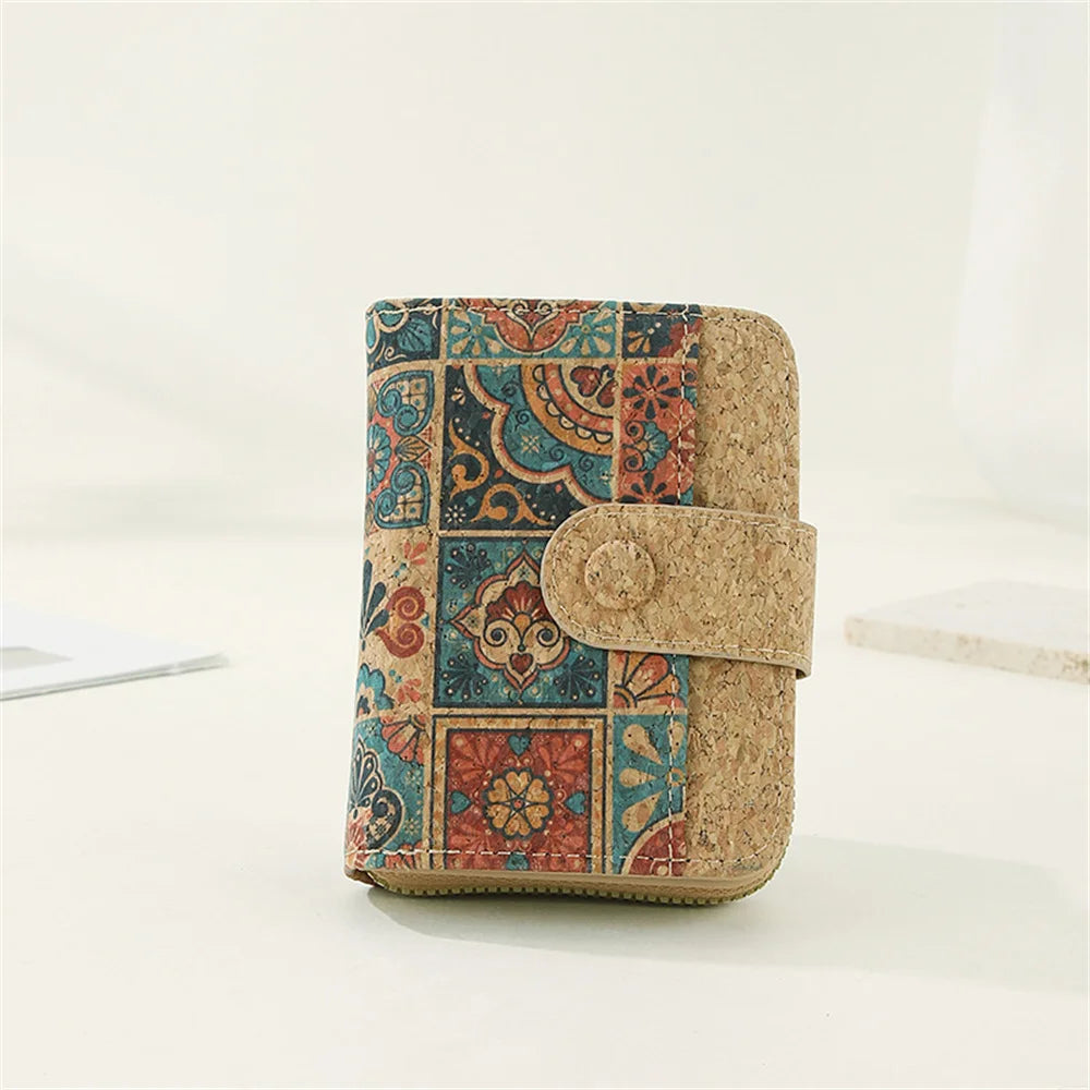 Retro Printed Women's Short Wallet Zipper Cork Leather Card Bag Multi functional Card Slot Women's Card Case Money Pouch Clutch