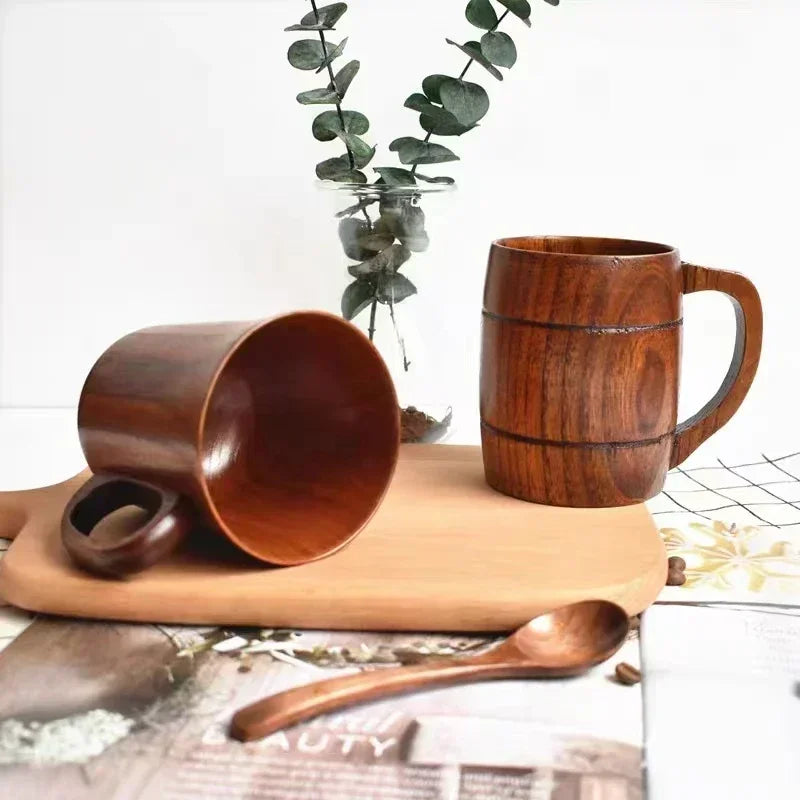 Wooden Big Belly Cups Japan Style Milk Water Cup with Handle Coffee Beer Tea Mug Handmade Natural Kitchen Bar Drinkware Cups