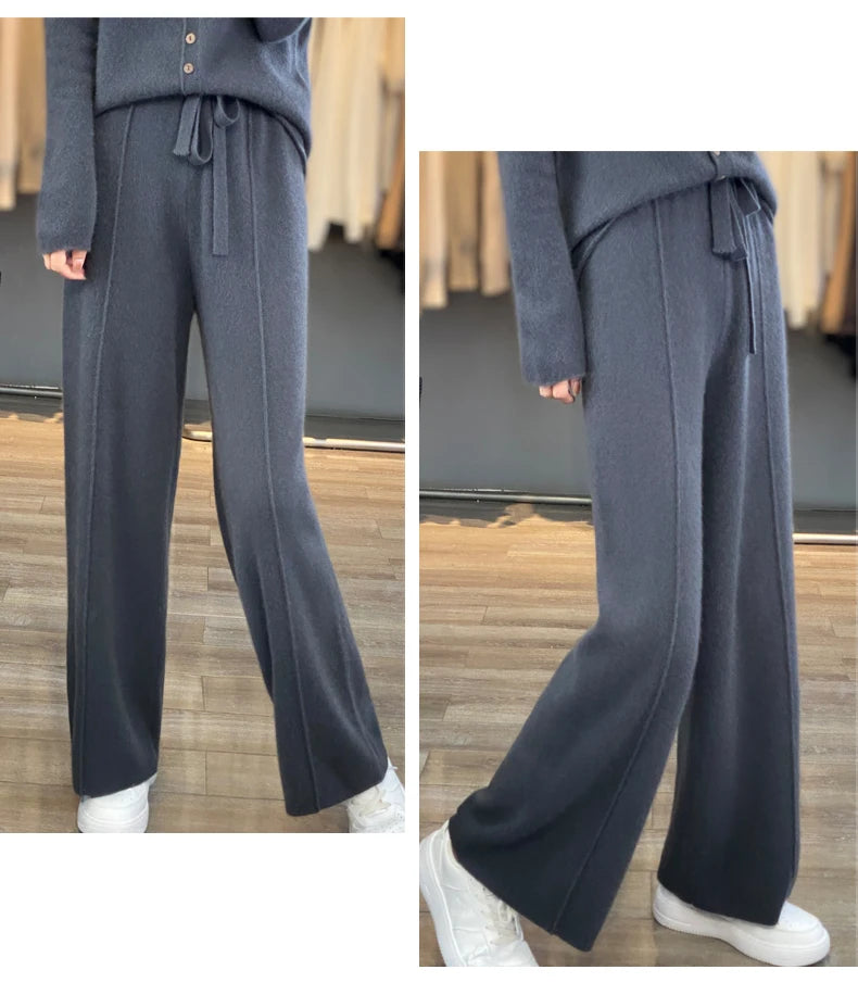 Women's Cashmere Pants 100% Merino Wool Broadfoot Pants Women's Knit Loose Knit Pants Fall/Winter 2024 Women's Thick Pants