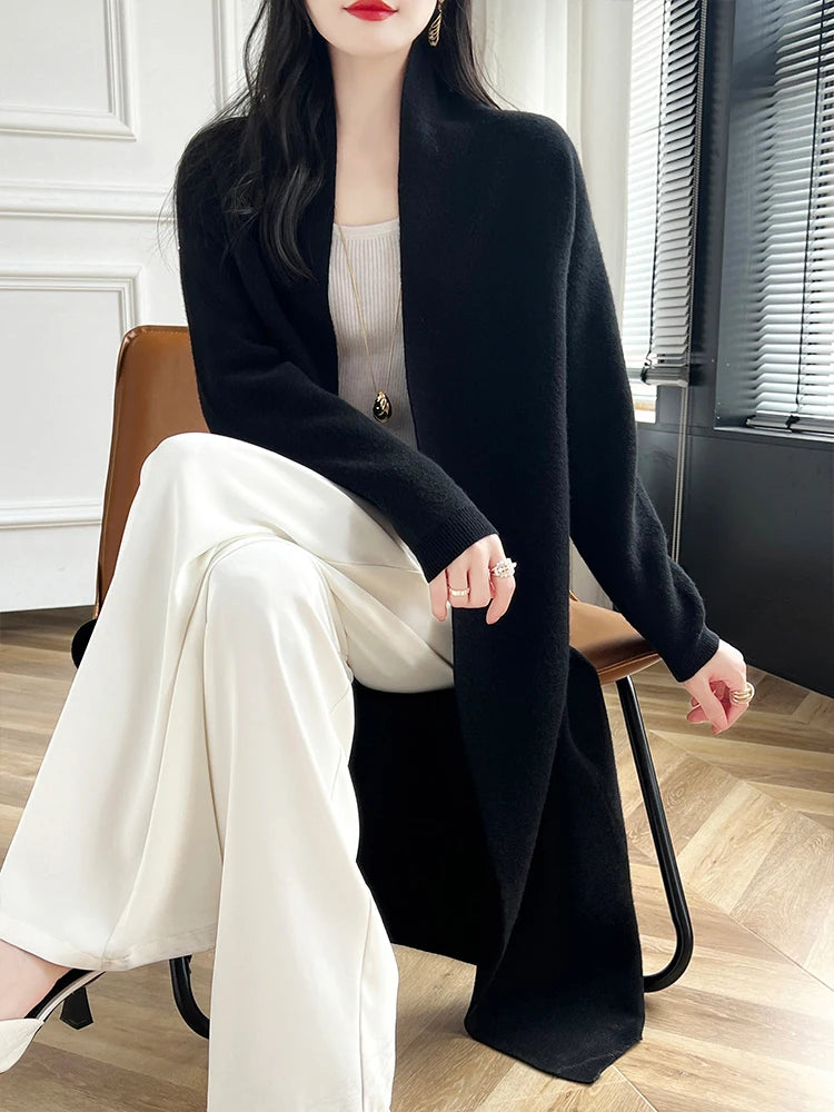 2024 Women Long Cardigan Cashmere Sweater Spring Autumn Winter Office Lady Loose Coat 100% Merino Wool Knitwear Korean Fashion