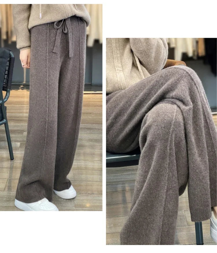 Wool Knitted Wide Leg Pants Women Autumn Winter Thickened High Waist Drip Feeling Cashmere Pants Coffee Straight Casual Pants