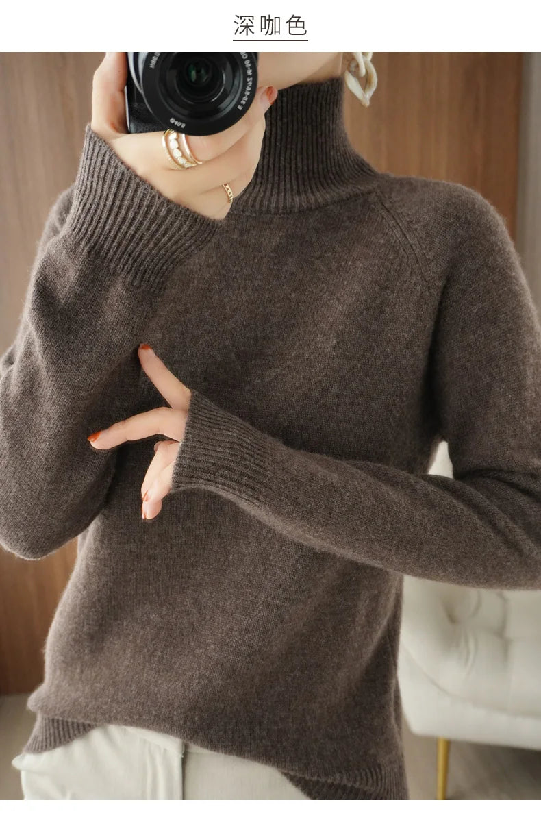 Fashion Basic Autumn Winter  Merino Wool Sweater Mock Neck Cashmere Pullover  Solid Color Soft Long Sleeve Clothing Tops