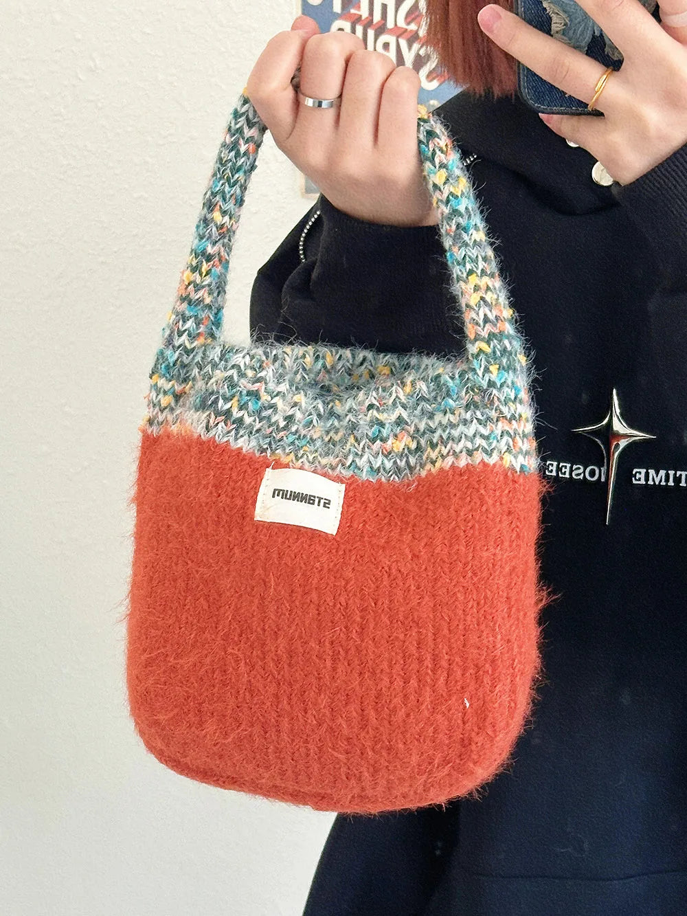 MABULA Bohemian Knit Girl's Tote Bag Colorful Plush Crochet Handbag Elegant Winter Women's Daily Purse Winter 2023