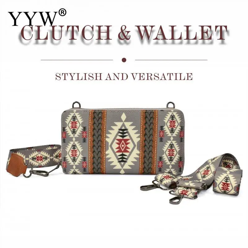 Fashion Bohemian Cowgirl Wallet Purse for Women Western Aztec Ethnic Clutch Wristlet Wallet with Credit Card Holder Shoulder Bag