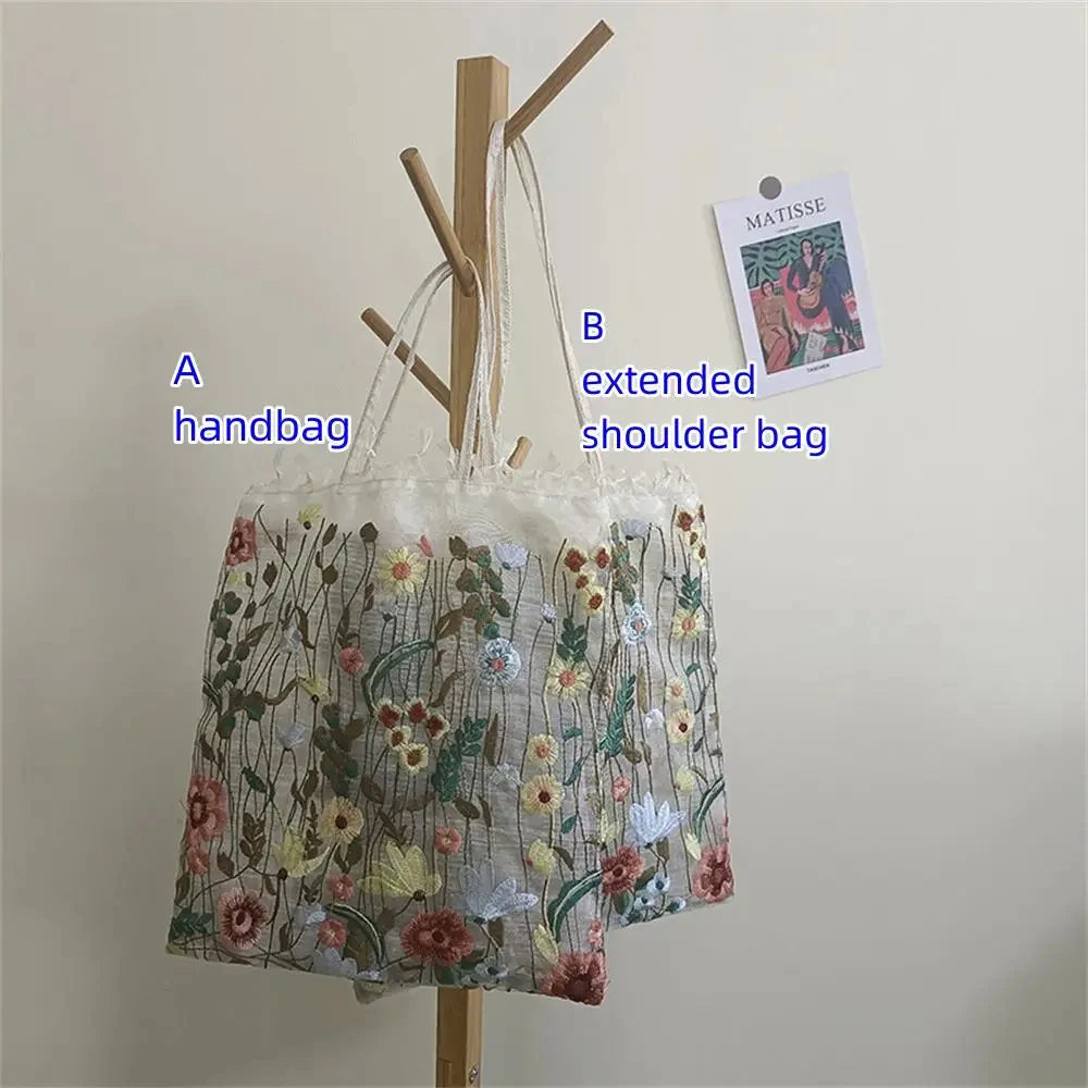 1Pc Fashion Tote Summer New Style Mesh Full Embroidery Flowers Clear Shoulder Bag Romantic Handbag Women's Eco Shopping Bag