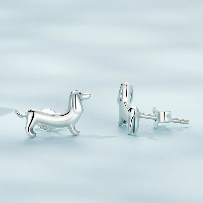 WOSTU 925 Sterling Silver Cute Dachshund Dog Adjustable Rings Stud Earrings Original Girl Lovely Pet Jewelry Set Birthday Gift Valentines Gift