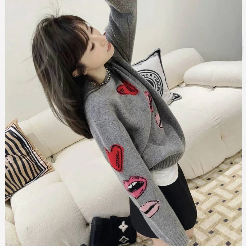 Autumn And Winter New Wool Pullover Women's Round Neck Loose Set Love Lips Sweater Cashmere Knit Bottoming Shirt