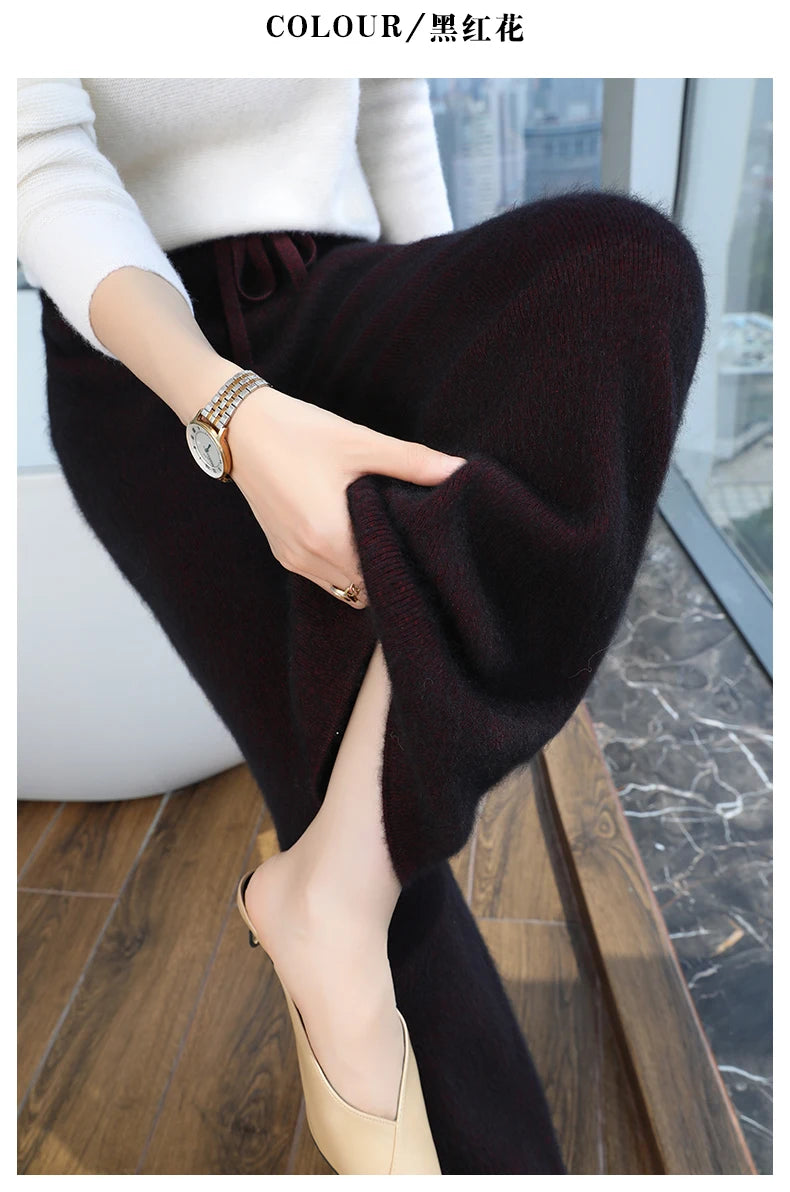 2024 Autumn/Winter New Mink Cashmere Wide Leg Pants for Women, Thickened, Warm, Loose, High Waist Strap up Vertical Casual Pants