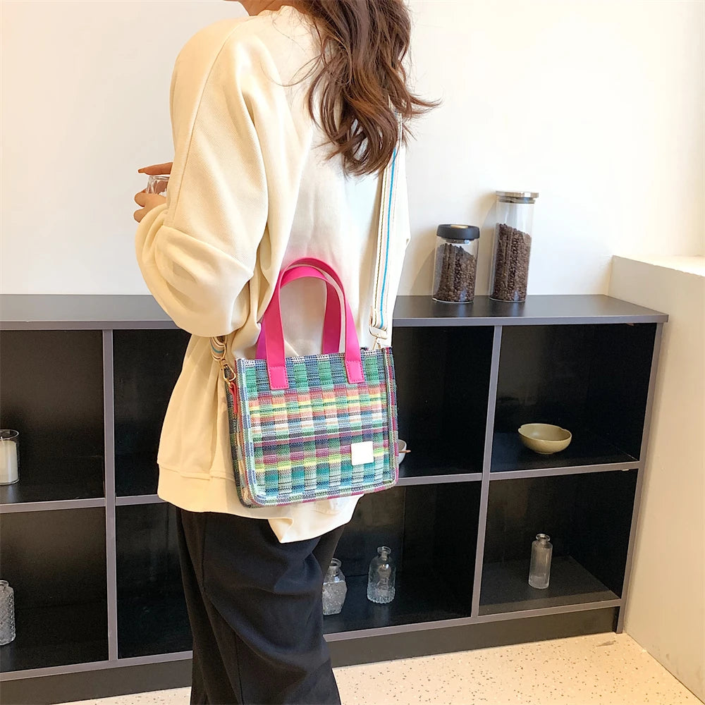 Colorful Tote Bag For Women Cotton Fabric Woven Design Large Capacity Shopper Shoulder Bags Lightweight Crossbody Handbags Bolso