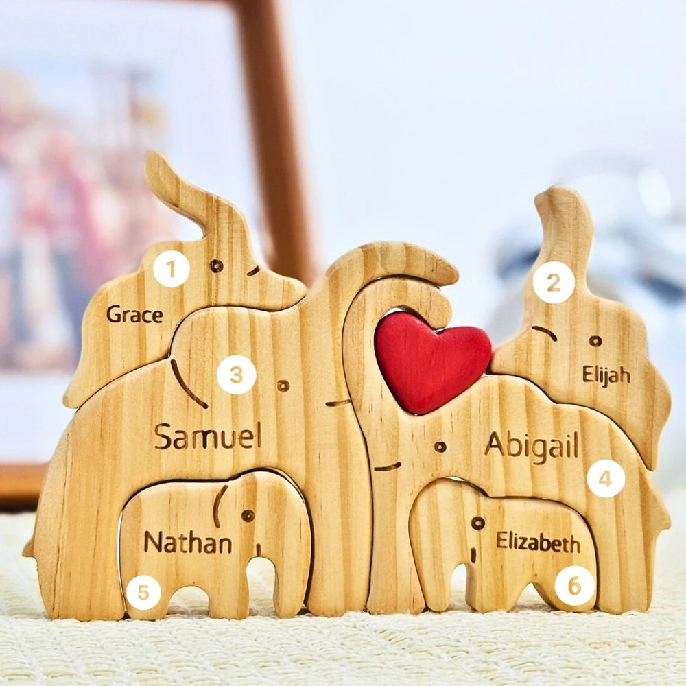 Personalized Elephant Family Wooden Puzzle Love Animal Wood Puzzle Custom Family Name Sculpture Free Engraving Decor Gifts Valentines Gift