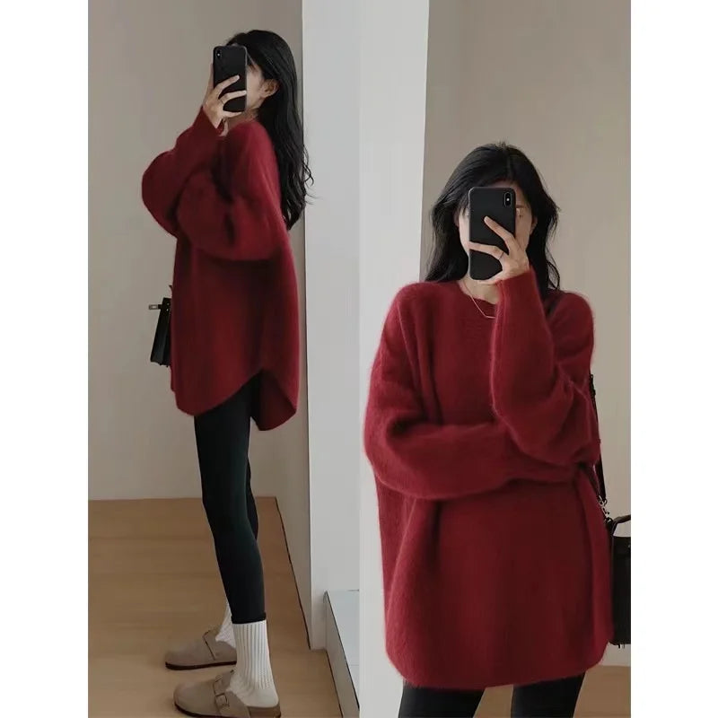 Korean women's mid to long pure wool pullover knitted sweater autumn winter 2024, fashionable and loose large size cashmere tops