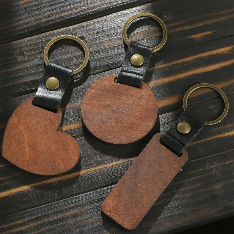 Customized PU Leather Wooden Keychain Blank DIY Wood Keyring Square Engraved Car Key Chains Retro for Friends Lovers Family Gift Valentines Gift