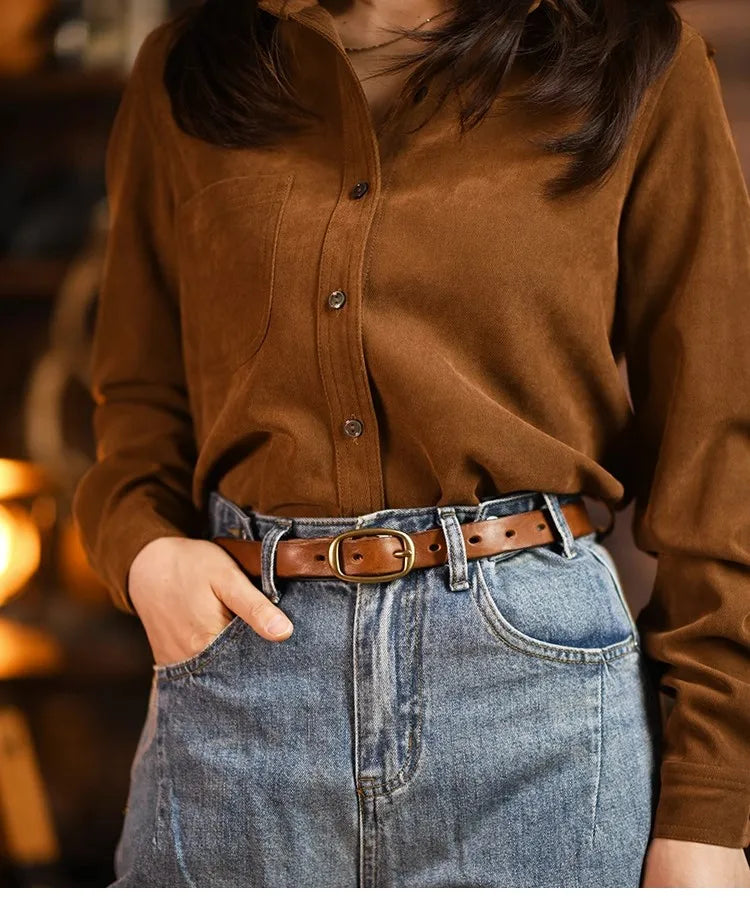 Retro Narrow Genuine Leather Women's Belt Pure Copper Button Western Cowboy Style Versatile Jeans Belt Fashion Luxury Women Belt