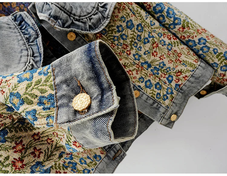 Spring Fashion Jacquard Embroidery Denim Jacket Women Loose Short Blue Cowboy Outwear Peter Pan Collar Jeans Jacket Coat Female