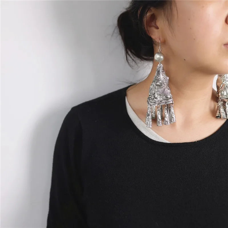 Pendant Perforated Jewelry Horn Shaped Tassel Earrings Women's Accessories Silver Earrings Fashion Party Earrings