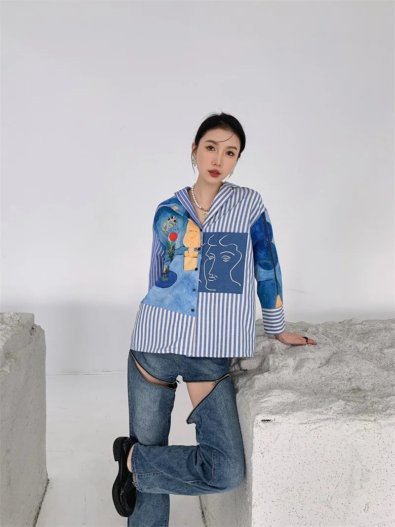 Women's Clothing Shirts Polo Collar Stripe Printing Asymmetrical Long Sleeves Casual Vintage Fashion Baggy Blouse Tops Ladies