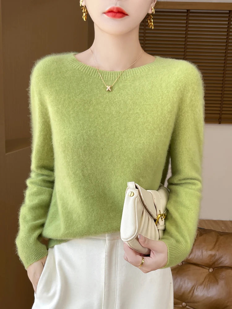 Autumn Winter Women Clothing O-Neck Pullover 100% Merino Wool Sweater New Fashion Cashmere Tops Bottoming Long Sleeve Knitwear