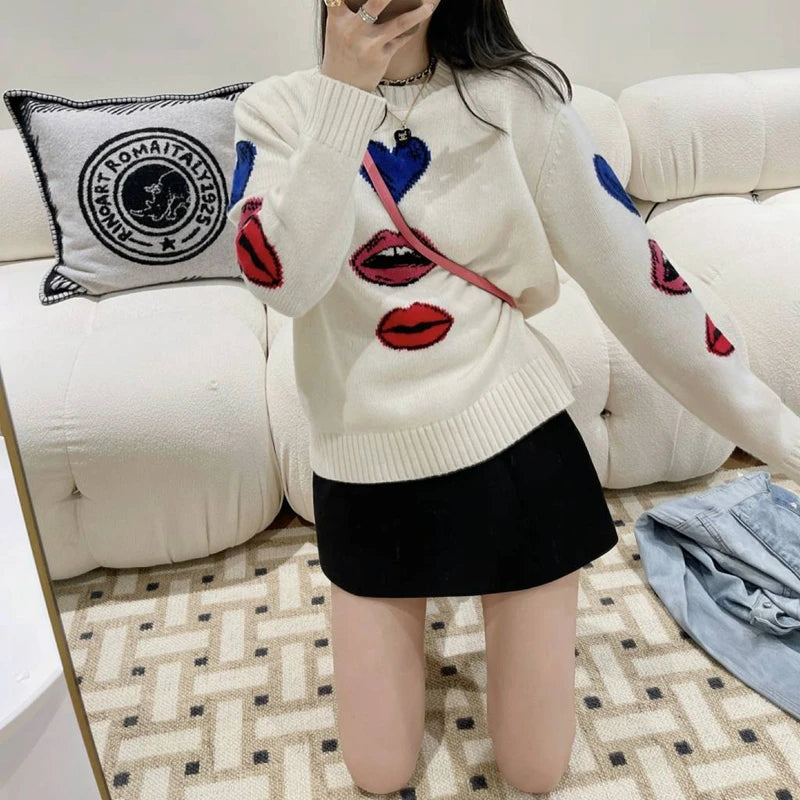 Autumn And Winter New Wool Pullover Women's Round Neck Loose Set Love Lips Sweater Cashmere Knit Bottoming Shirt