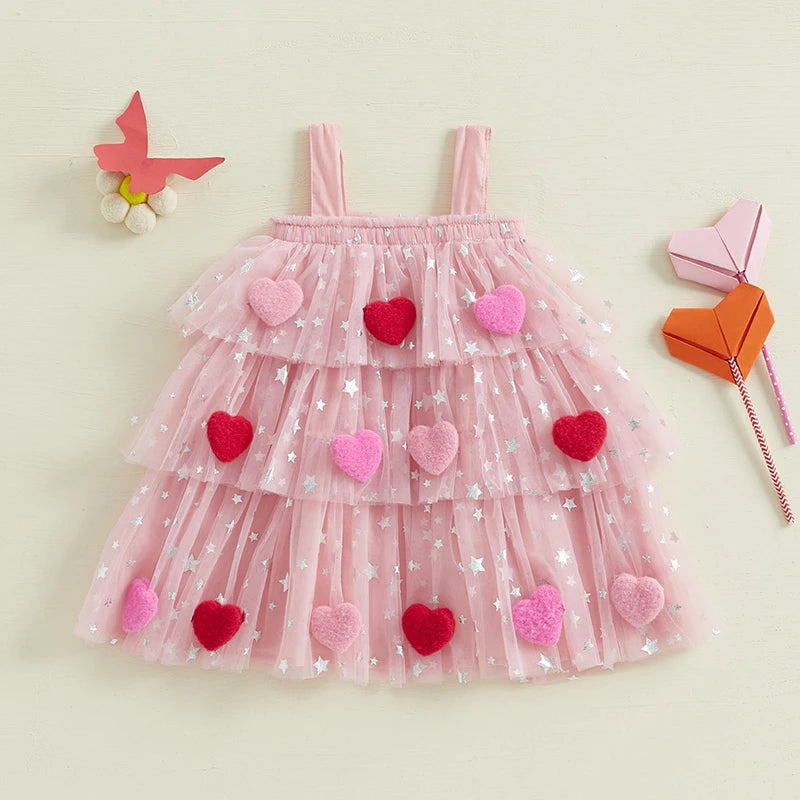 Kids Girl Fashion Valentine Day Dress Star Print Square Neck Sleeveless Layered Tulle Dress with 3D Heart for 1-9 Years Valentines Gift