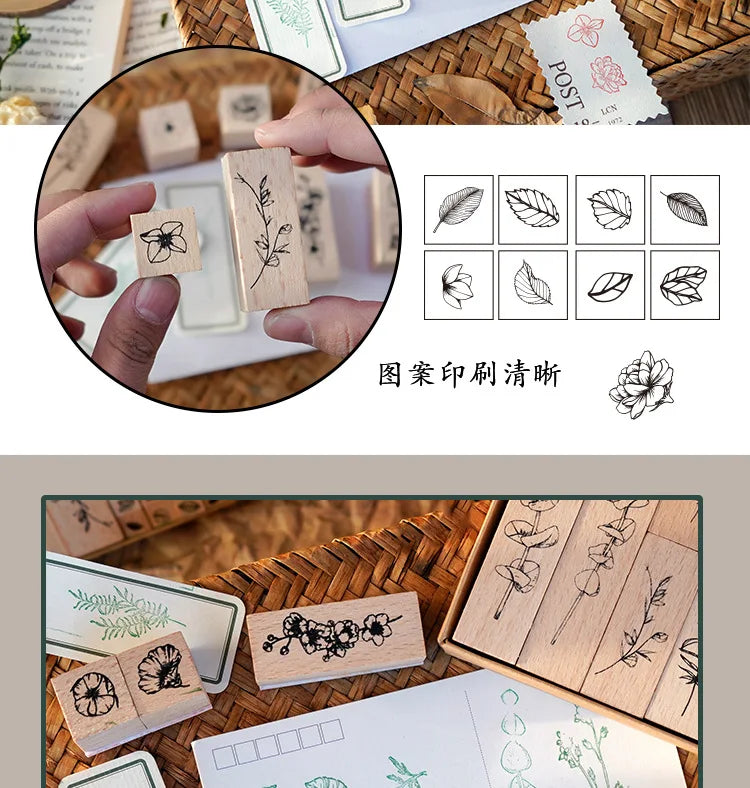 Yoofun 30pcs/set Natural Plants Leaf Flower Wooden Stamp Set Collage Junk Journal Scrapbooking Card Making Standard Stamps