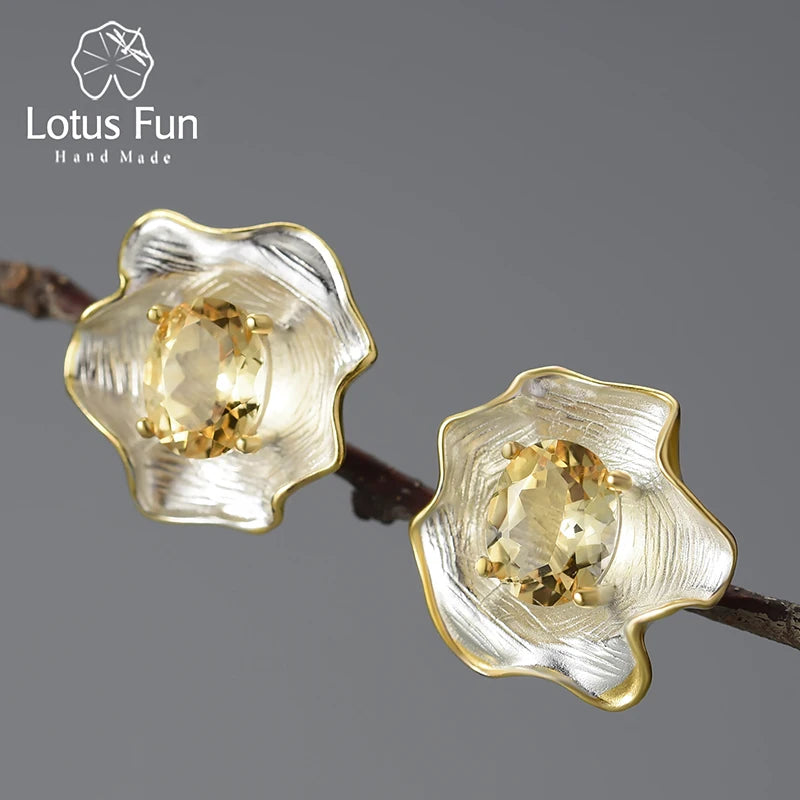 Lotus Fun Natural Topaz Gemstone Curled Leaf Stud Earrings for Women 925 Sterling Silver Vintage Baroque Style Luxury Jewelry