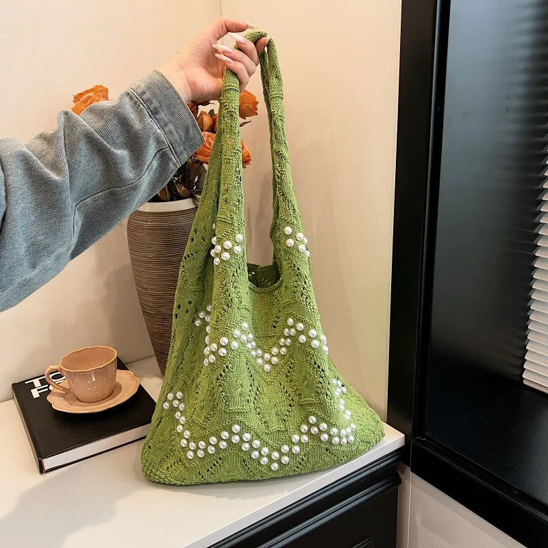 Hollow Out Large Capacity Knitting Shoulder Bags Pearl Unique Design Grace Sense of Luxury Hand Bags for Women 2024 Casual Tote