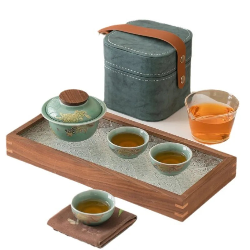 Chinese Style Travel Tea Set, Celadon Cover Bowl Small Set, One Pot, Three Cups, Fast Customer Cup, Portable Kung Fu Tea Maker