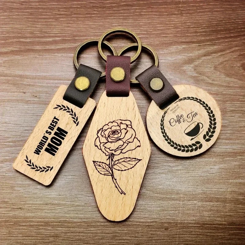 Customized PU Leather Wooden Keychain Blank DIY Wood Keyring Square Engraved Car Key Chains Retro for Friends Lovers Family Gift Valentines Gift