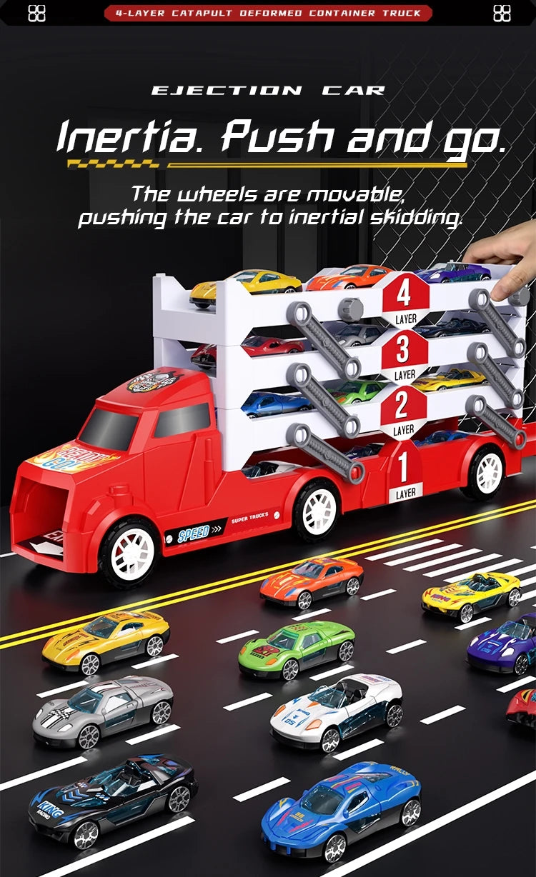 Children's large four layer folding deformation storage sliding catapult track container toy alloy car gift