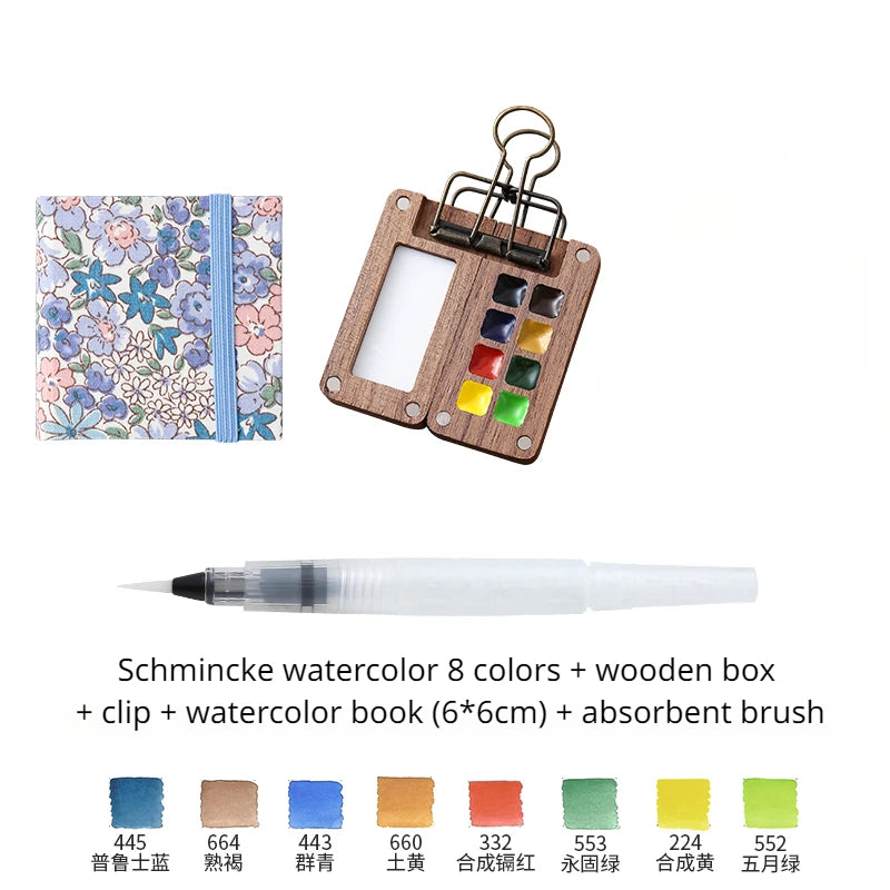 Portable Travel Watercolor Set Schmincke Watercolor 8 Colors Mini Walnut Paint Box Sketchbook Student Outing Art Supplies