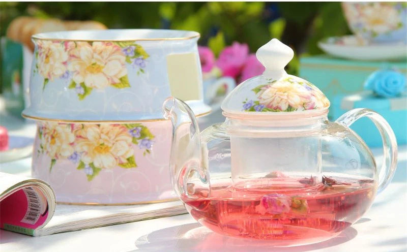 Europe Noble High-grade porcelain Tea Cup and Saucer Spoon English British Teaware Set Glass Teapot Tea Warmer set  Home Drinks