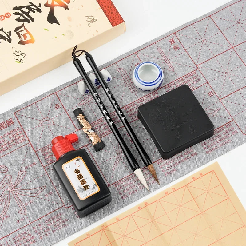 Beginner's 10 Piece Set of Brush Calligraphy Stickers  Water Writing Cloth Set  Calligraphy Pen Ink Paper Inkstone Gift Box