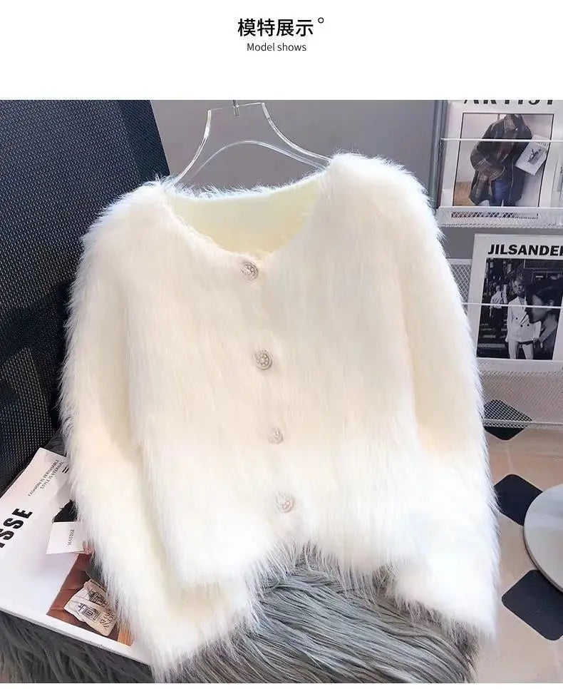 Autumn Warm Women Crop Cardigan Korean Knitted Elegant Female Casual Sweaters Fashion Imitation Mink Cashmere Soft Ladies Coats