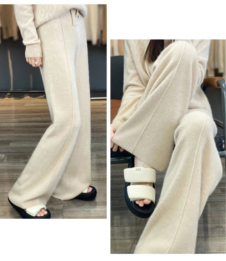 Women's Cashmere Pants 100% Merino Wool Broadfoot Pants Women's Knit Loose Knit Pants Fall/Winter 2024 Women's Thick Pants